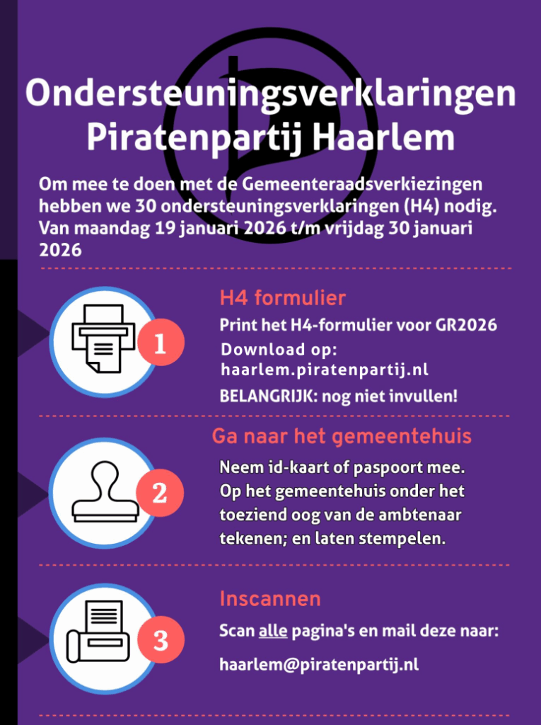 H4 Infotext: Print het formulier - maar laat onbeschreven.
Neem het mee naar het Stadskantoor Haarlem.
Kies optie verkiezingen op de infozuil.
Volg de instructies van de ambtenaar op.
Scan en mail het formulier naar Piratenpartij Haarlem.